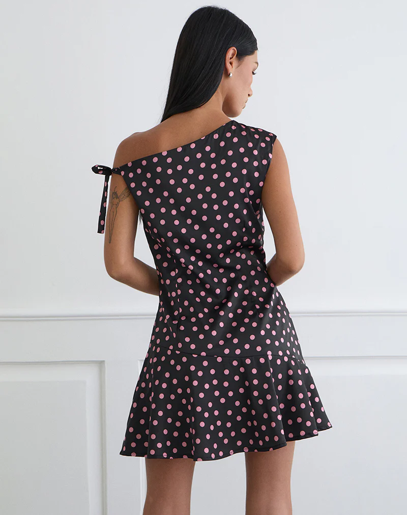 Maribel Mini Dress in Black Satin Scattered with Pink Polka - Image 4