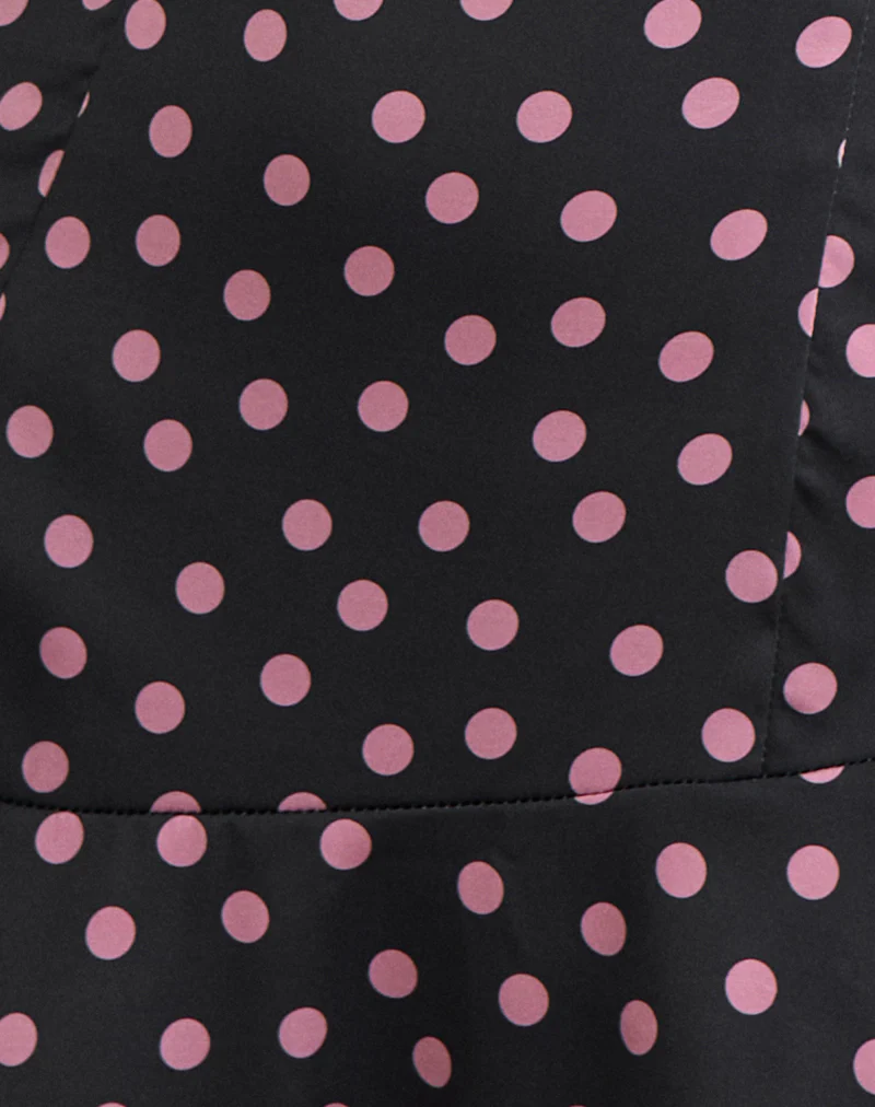 Maribel Mini Dress in Black Satin Scattered with Pink Polka - Image 5