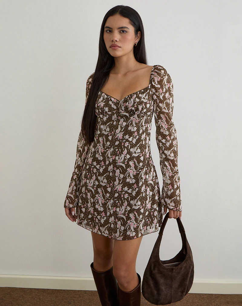 Mariko Dress in Brown and Pink Polka Flower Chiffon - Image 2