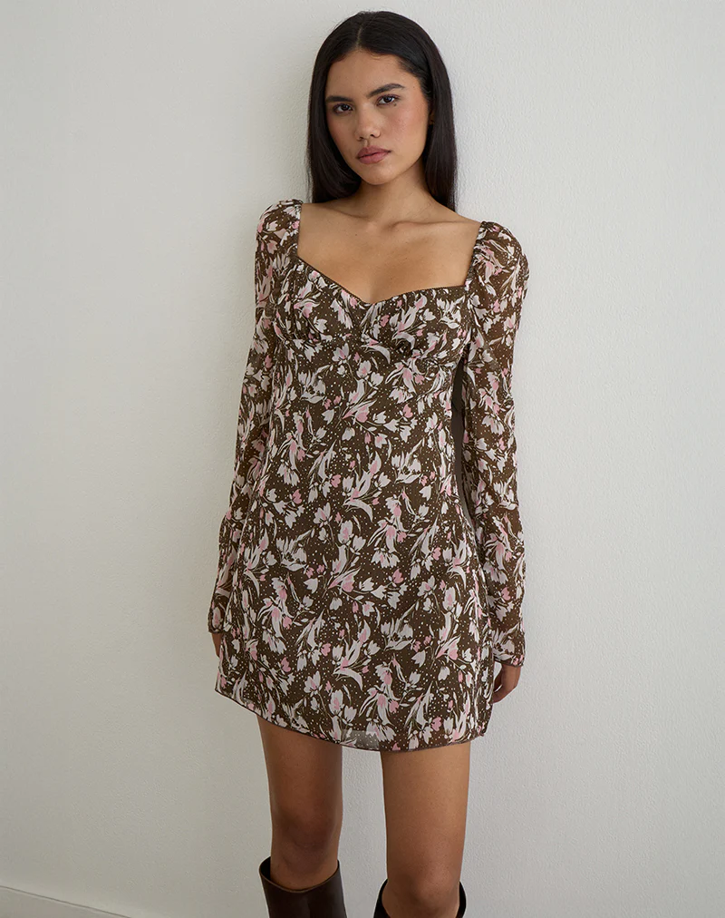 Mariko Dress in Brown and Pink Polka Flower Chiffon - Image 3