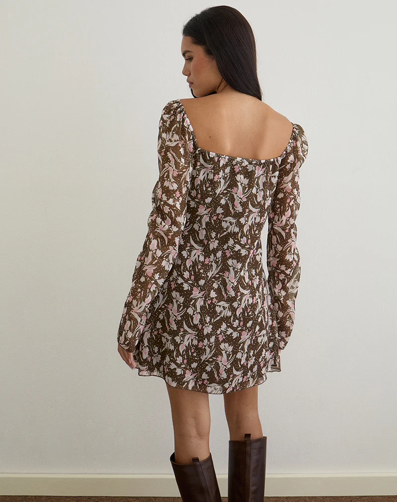 Mariko Dress in Brown and Pink Polka Flower Chiffon - Image 4