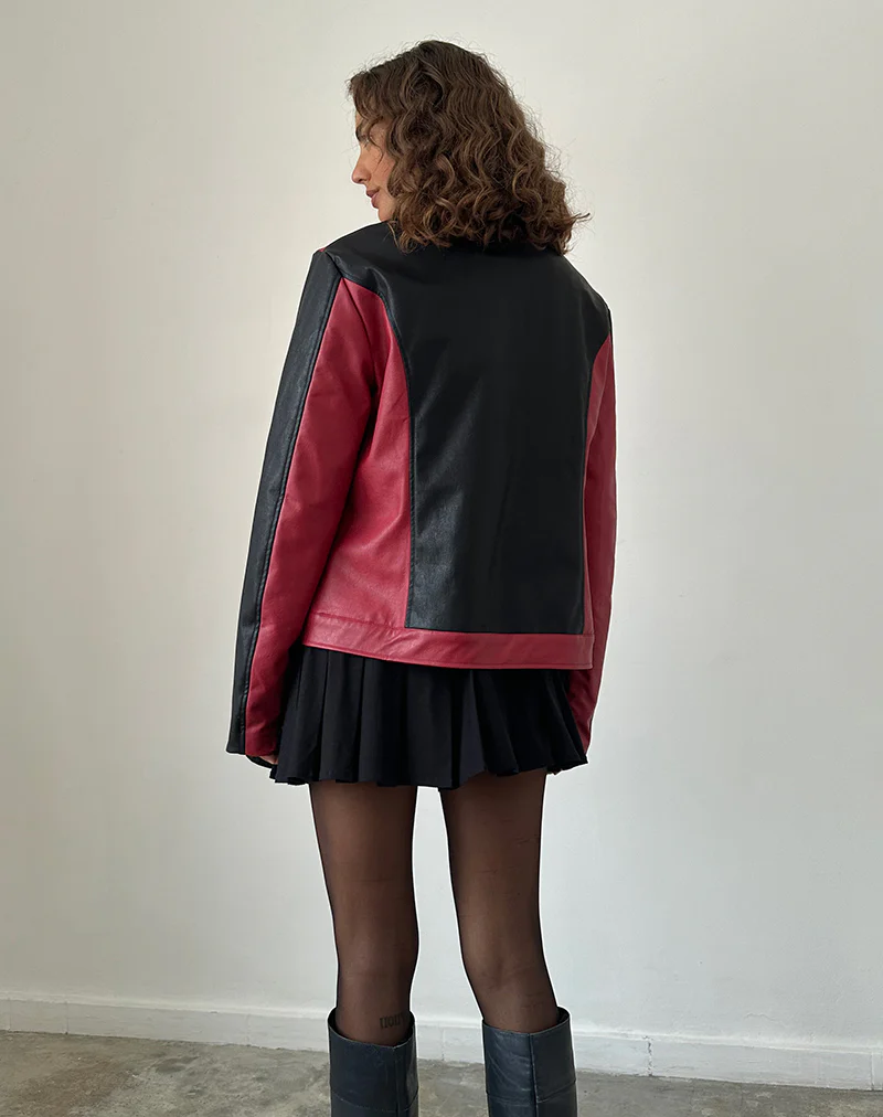 Marion PU Biker Jacket in Red with Black Panels - Image 5