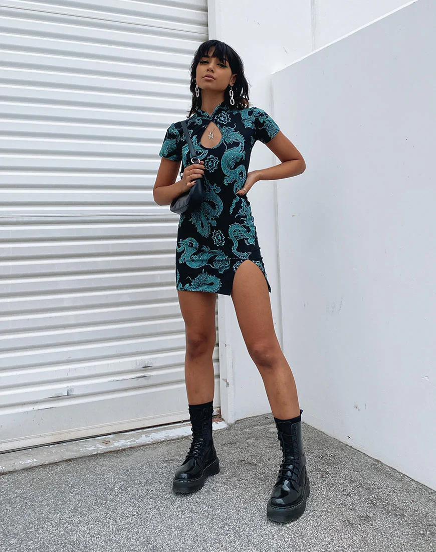 Marlin Bodycon Dress in Dragon Flower Black and Mint - Image 2