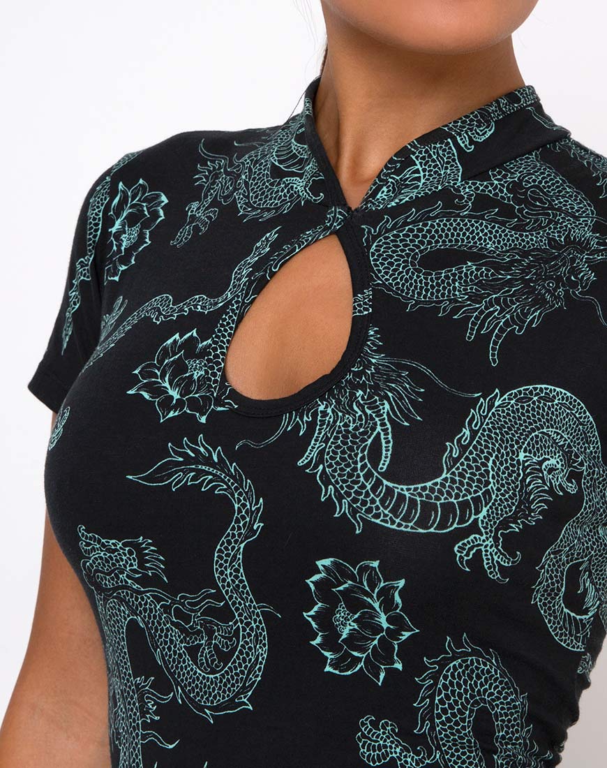 Marlin Bodycon Dress in Dragon Flower Black and Mint - Image 9