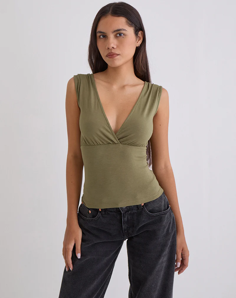Marti V-Neck Top in Jersey Khaki - Image 5