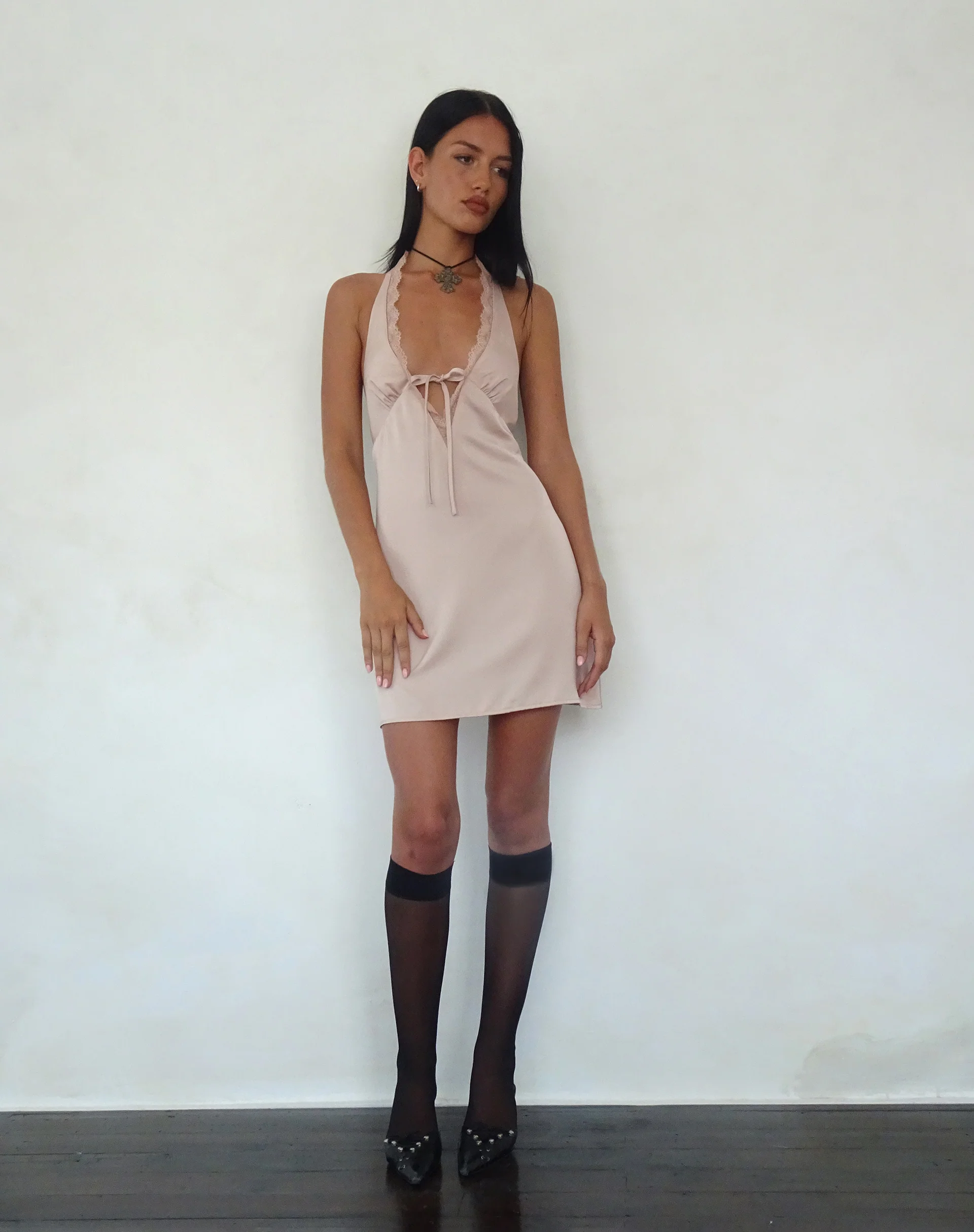 Maruko Halterneck Mini Dress in Satin Champagne - Image 3
