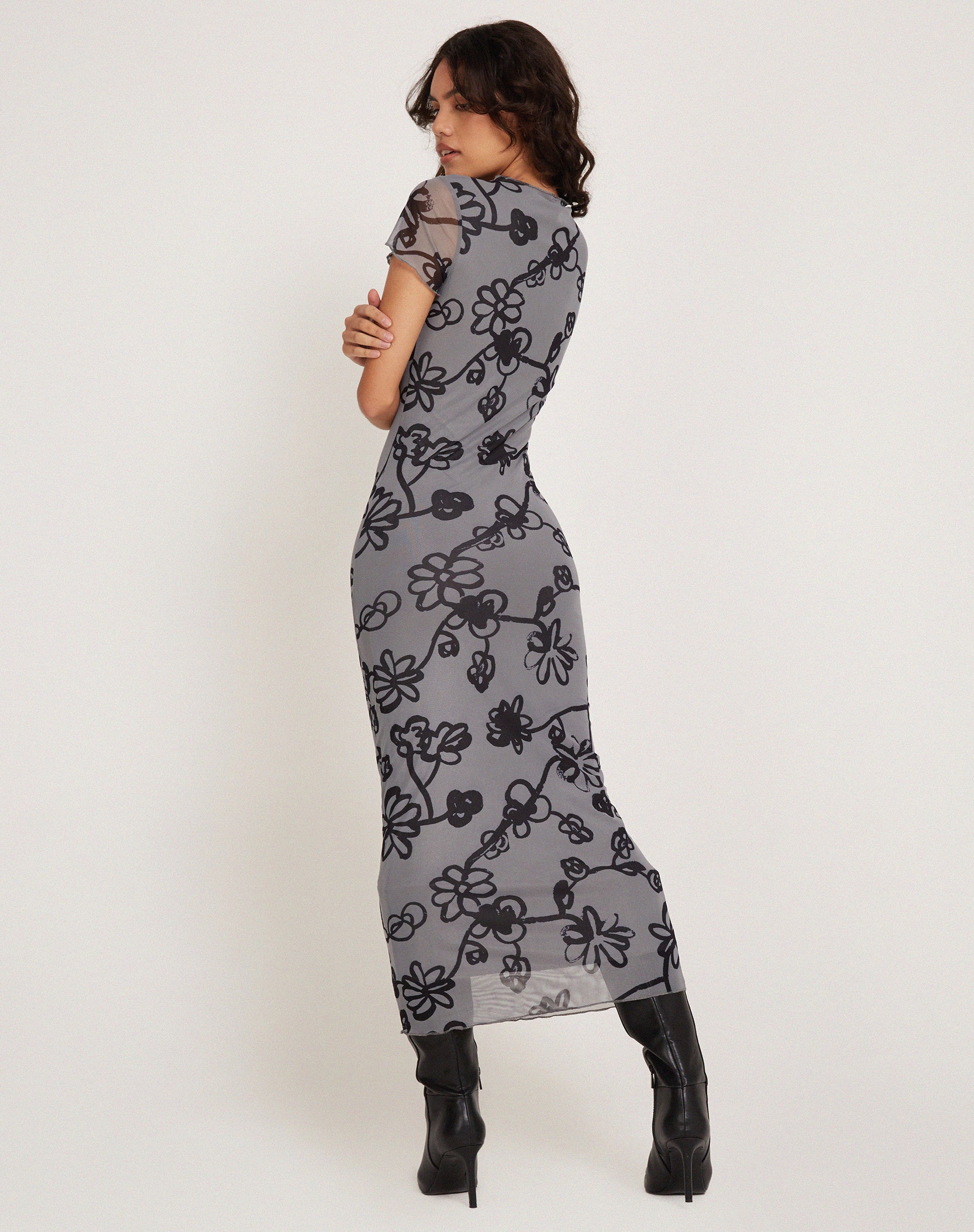 Maruza Midi Dress in Mesh Doodle Flower Grey - Image 4