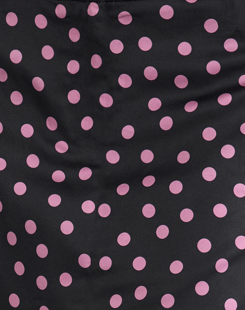 Maula Mini Skirt in Black Satin Scattered with Pink Polka - Image 6