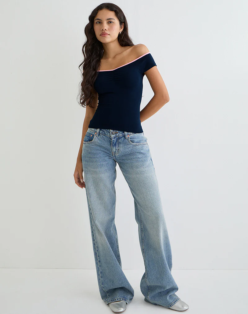 Mayomi Off the Shoulder Top in Navy with Pink Binding - Image 2