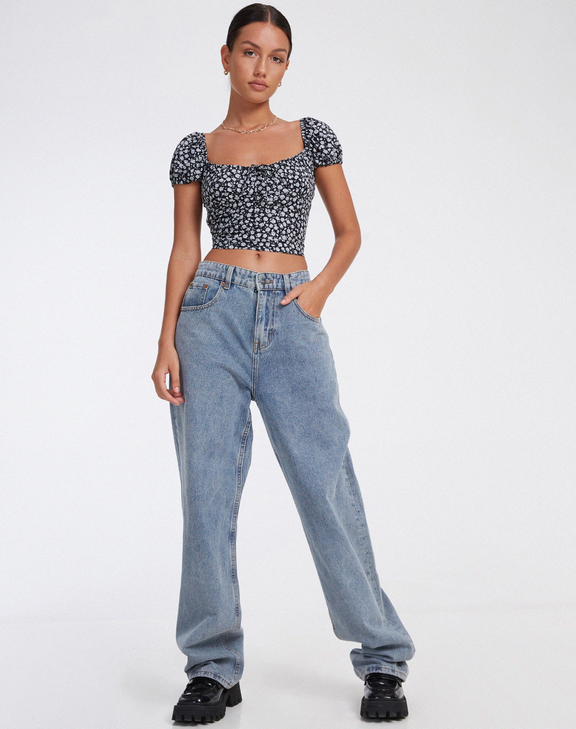 Mazu Crop Top in Ditsy Rose Black - Image 5
