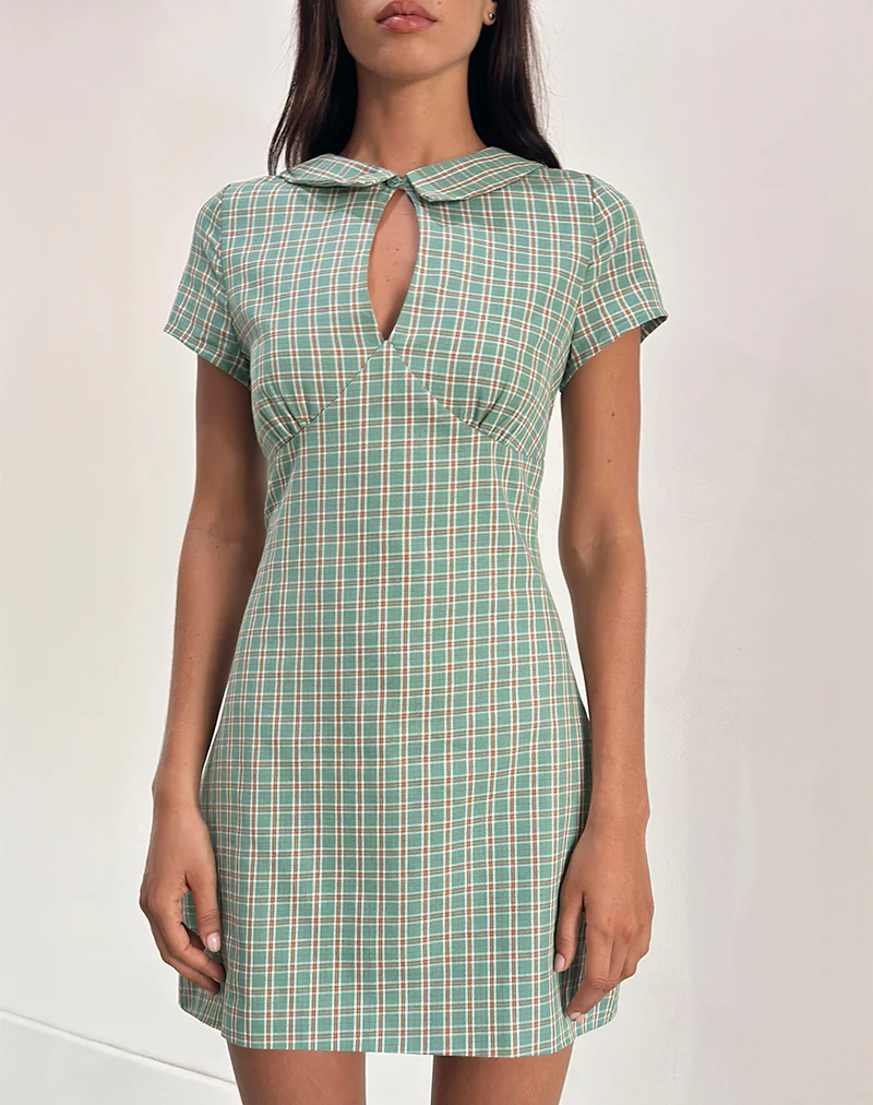 Medora Keyhole Mini Dress in Teal Check - Image 3