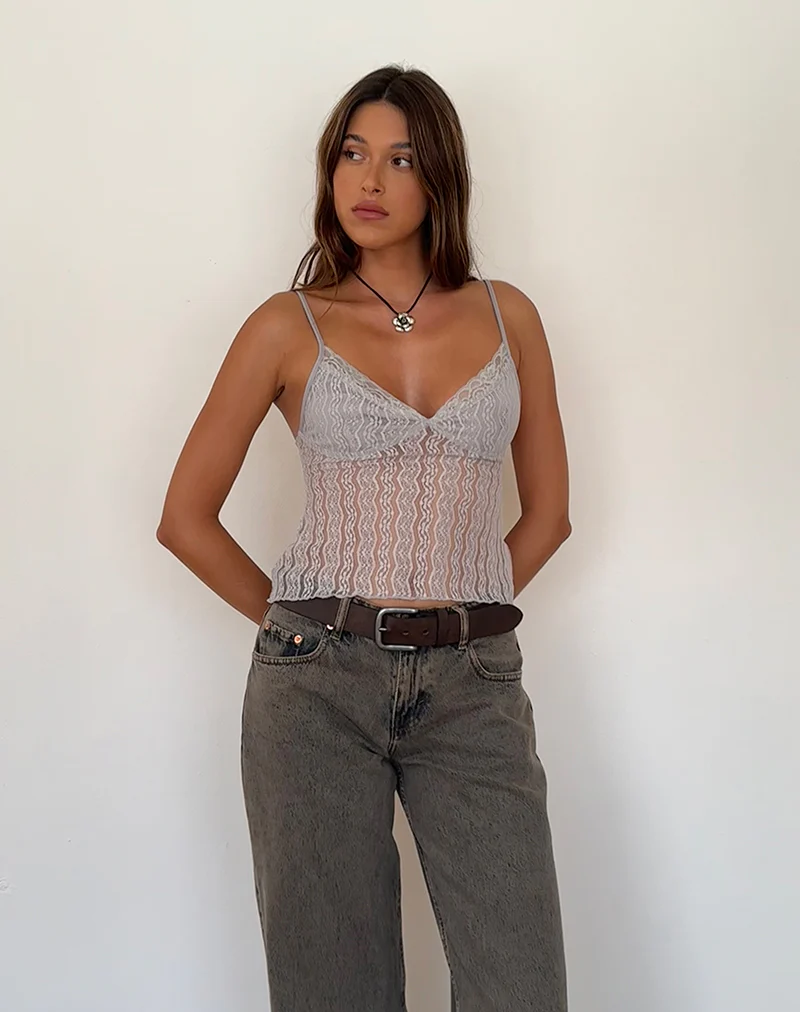 Megara Strappy Top in Silver Grey Lace Mesh - Image 3