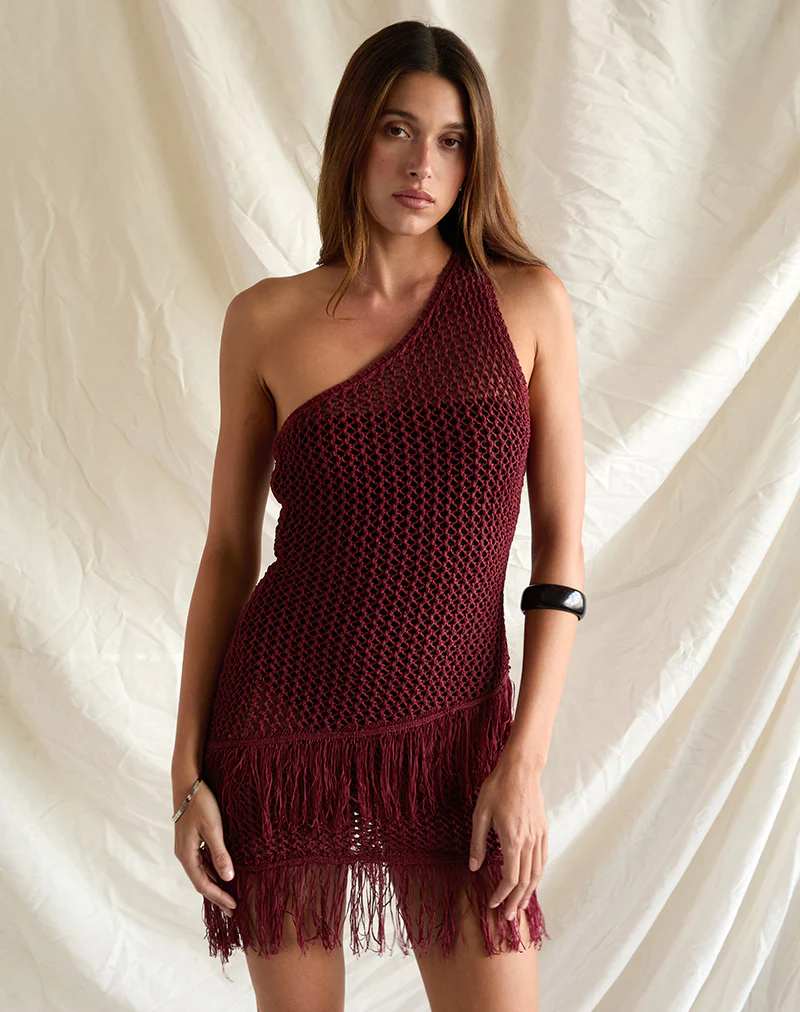 Meloka Asymmetric Fringe Mini Dress in Berry - Image 2