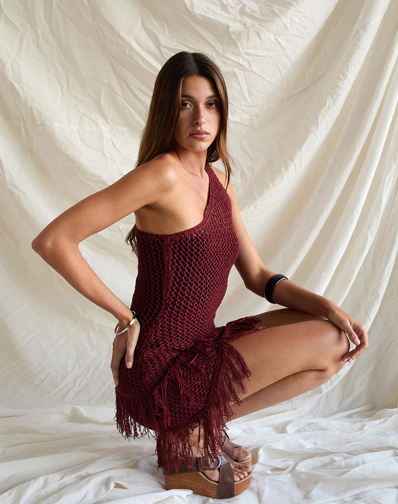 Meloka Asymmetric Fringe Mini Dress in Berry - Image 3