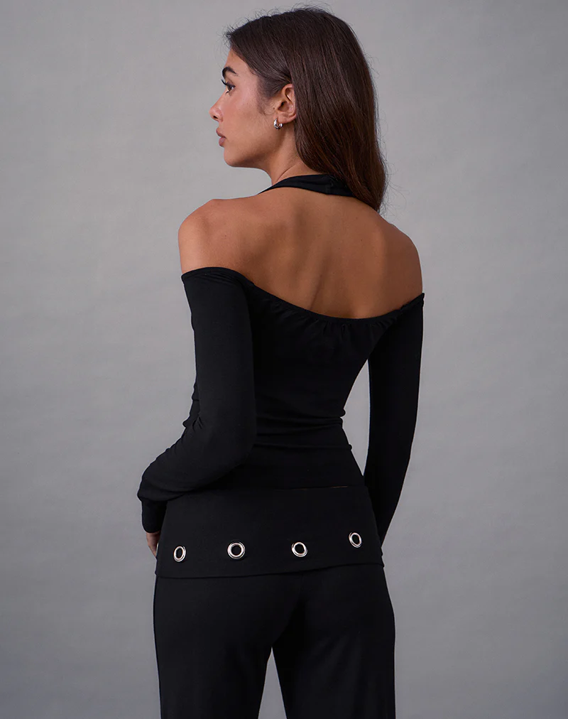Melton Long Sleeve Halter Top in Rayon Jersey Black - Image 3