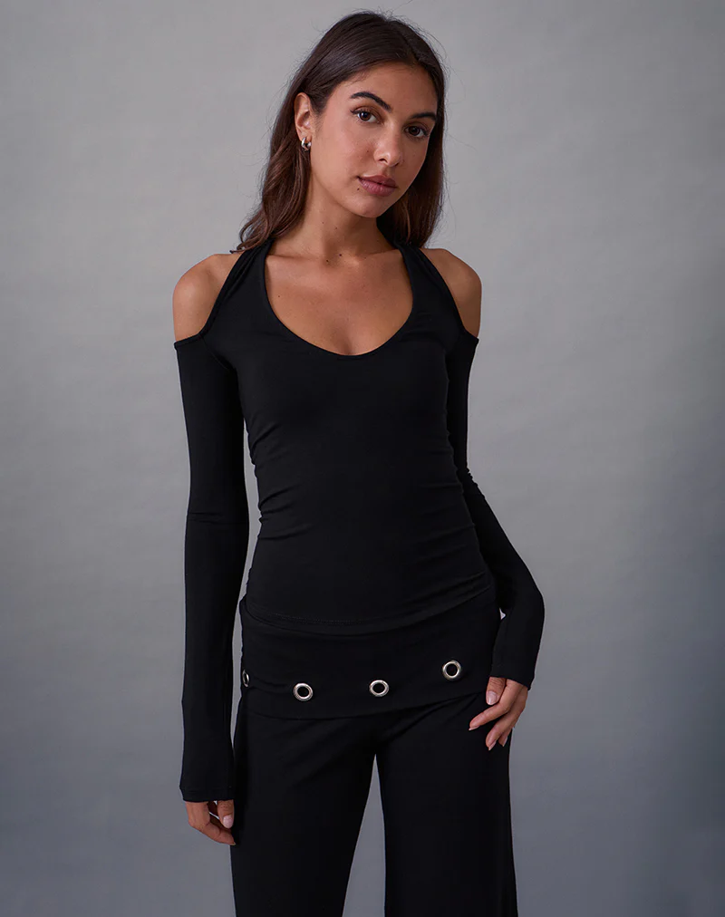 Melton Long Sleeve Halter Top in Rayon Jersey Black - Image 4