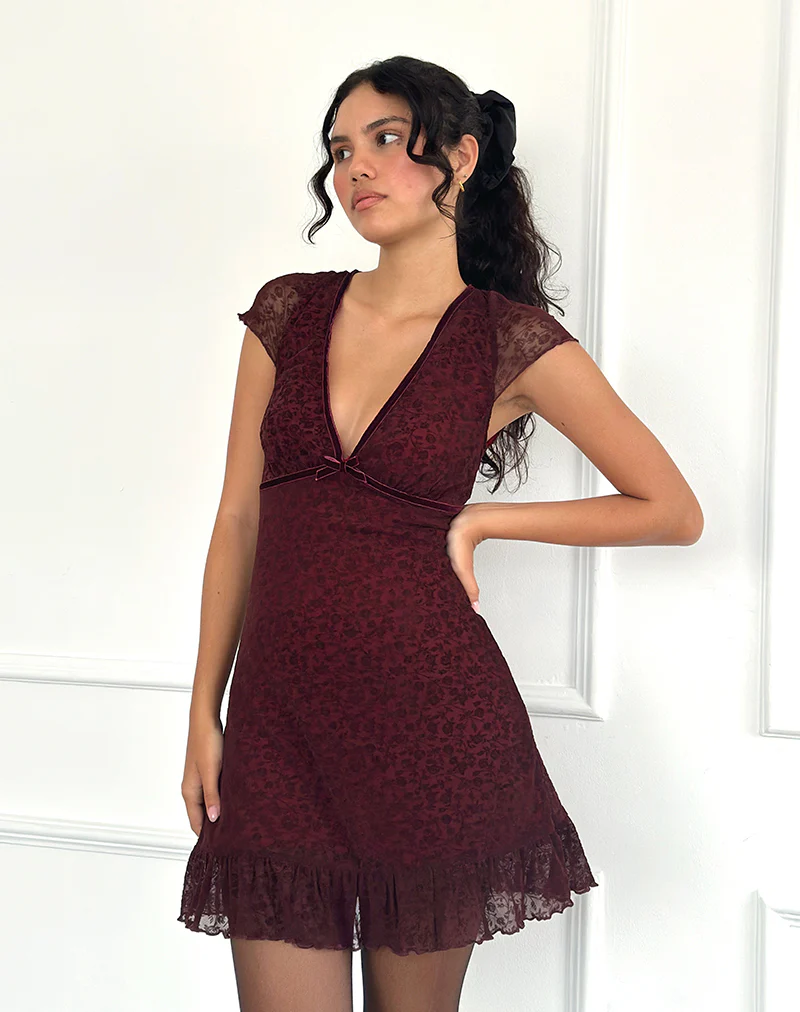 Melva Mini Dress in Ditsy Flock Burnt Maroon - Image 5
