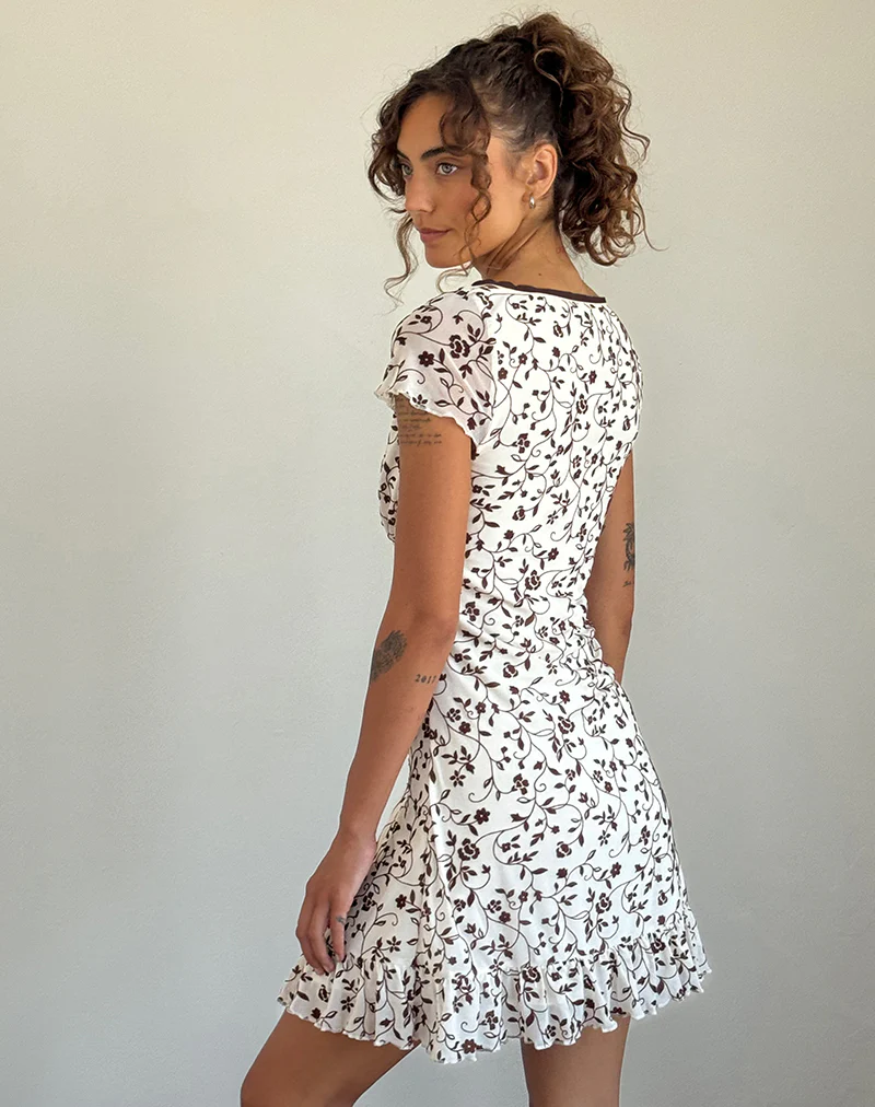 Melva Mini Dress in Brown Stem Flower Flock - Image 3