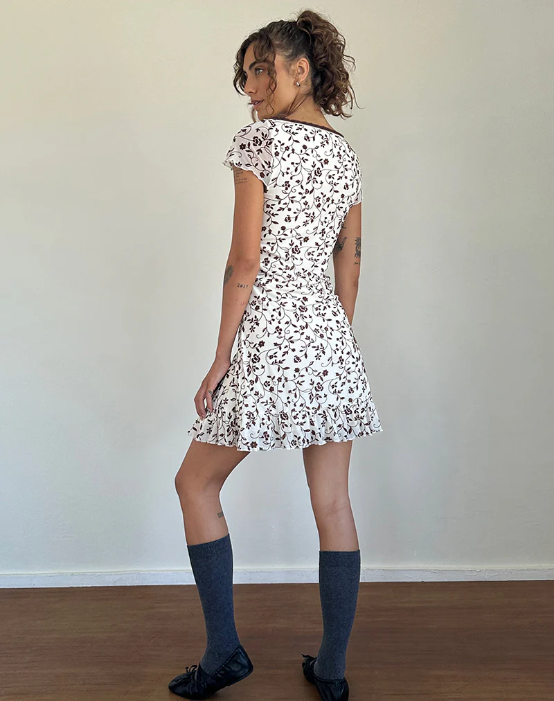 Melva Mini Dress in Brown Stem Flower Flock - Image 5