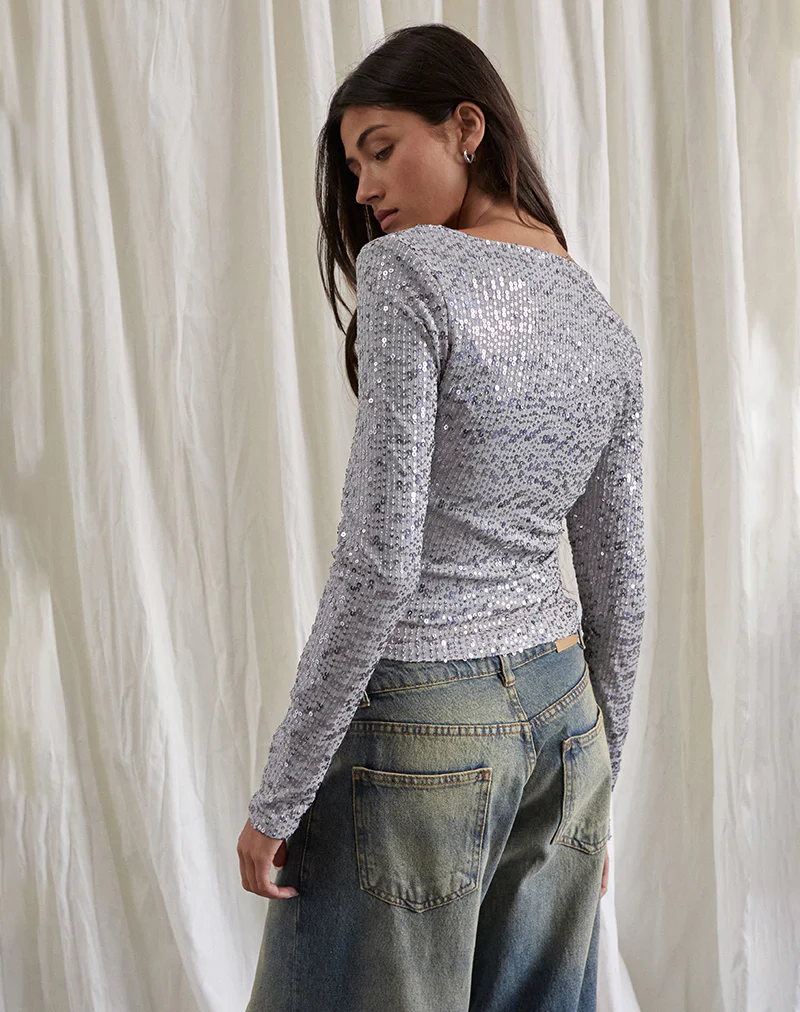Meraga Tie Front Top in Silver Sequin - Image 3