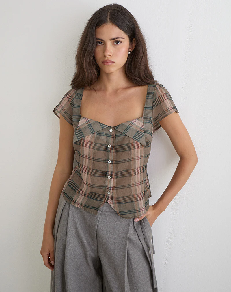 Meraki Blouse Top in Brown and Pink Blurry Check - Image 4