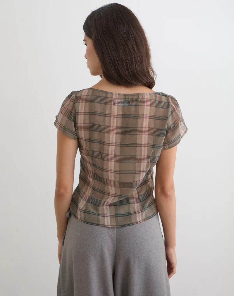 Meraki Blouse Top in Brown and Pink Blurry Check - Image 5