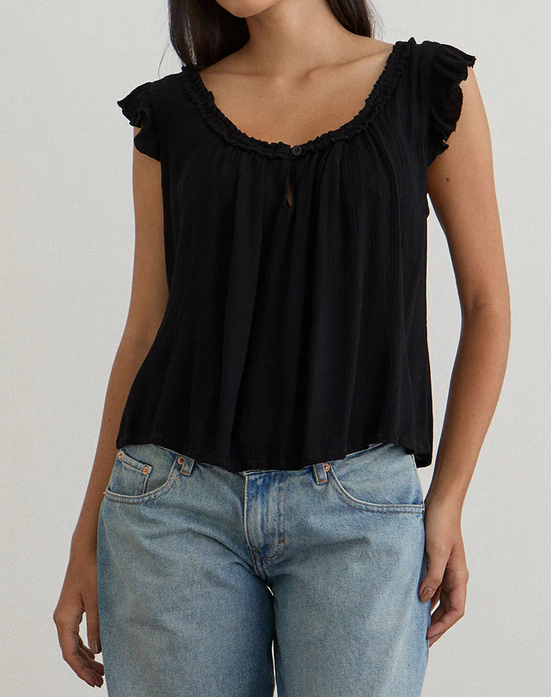 Merisso Scoop Neck Keyhole Top in Black - Image 2