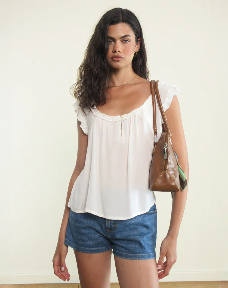 Merisso Scoop Neck Keyhole Top in White - Image 2