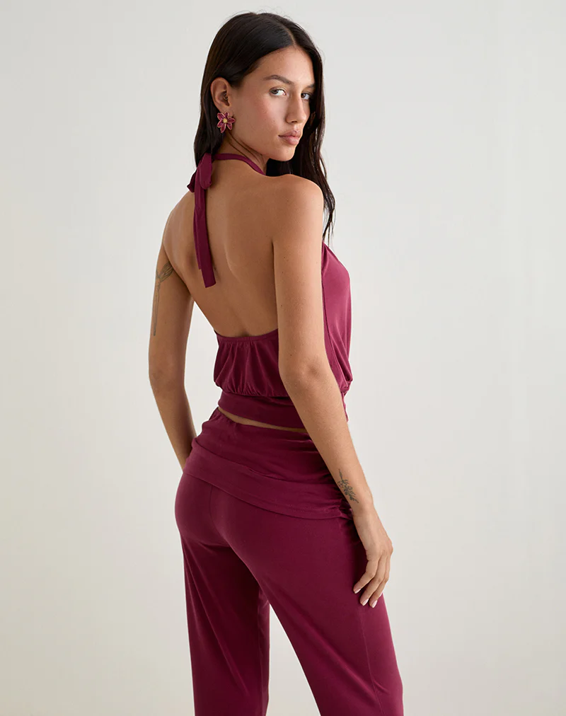 Miasa Backless Halterneck Top in Cupro Burgundy - Image 5