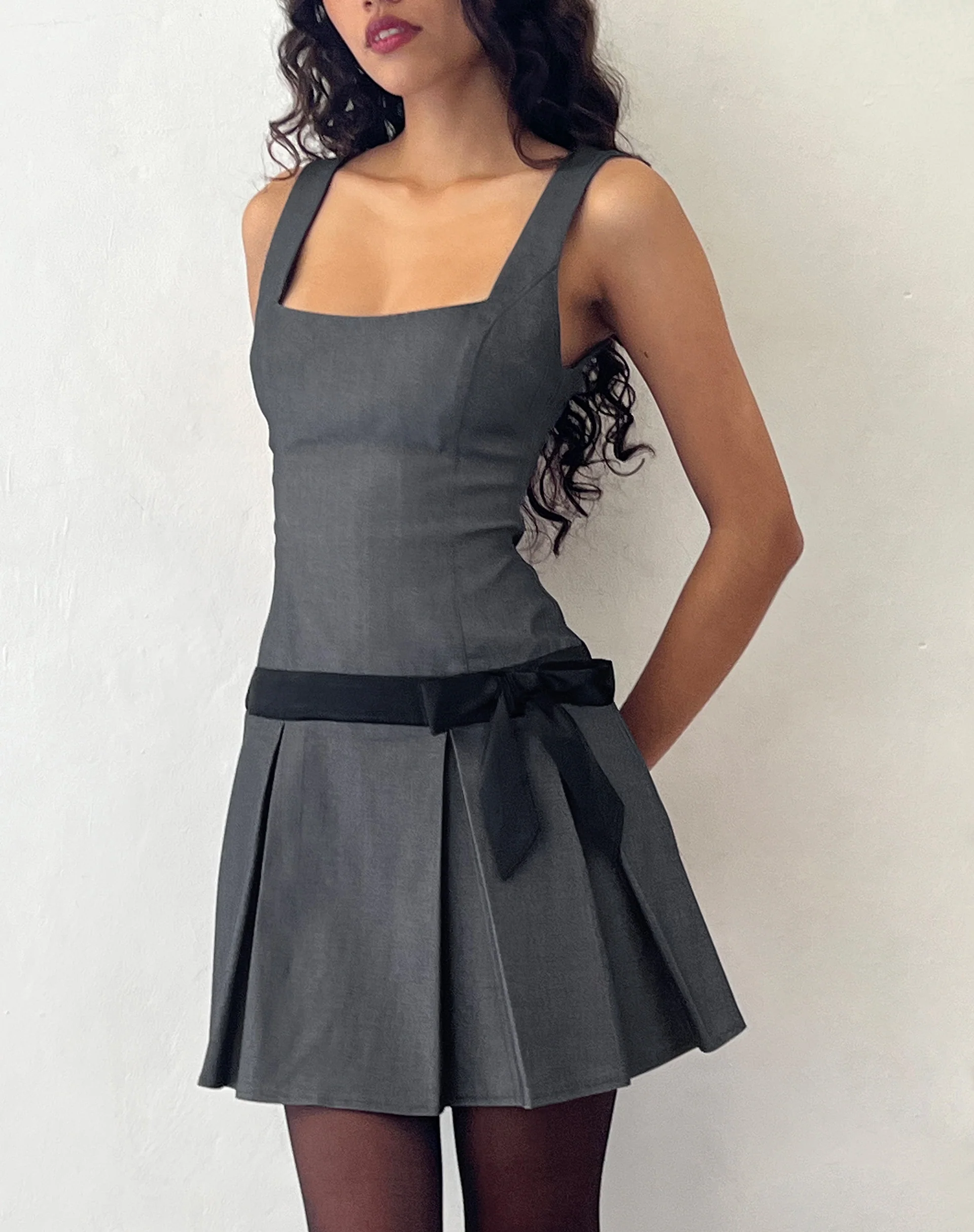 Michelia Pleated Mini Dress in Grey - Image 2