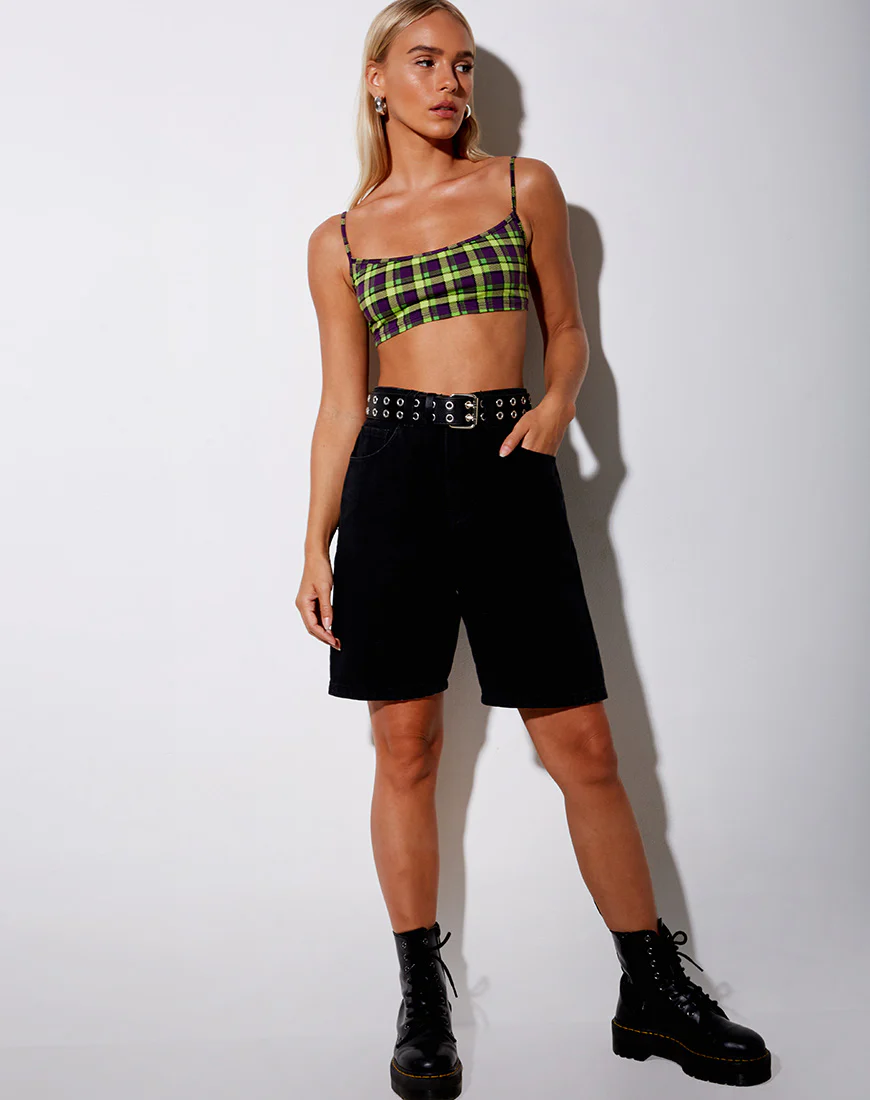 Micro Crop Top in Green And Purple Check - Image 4