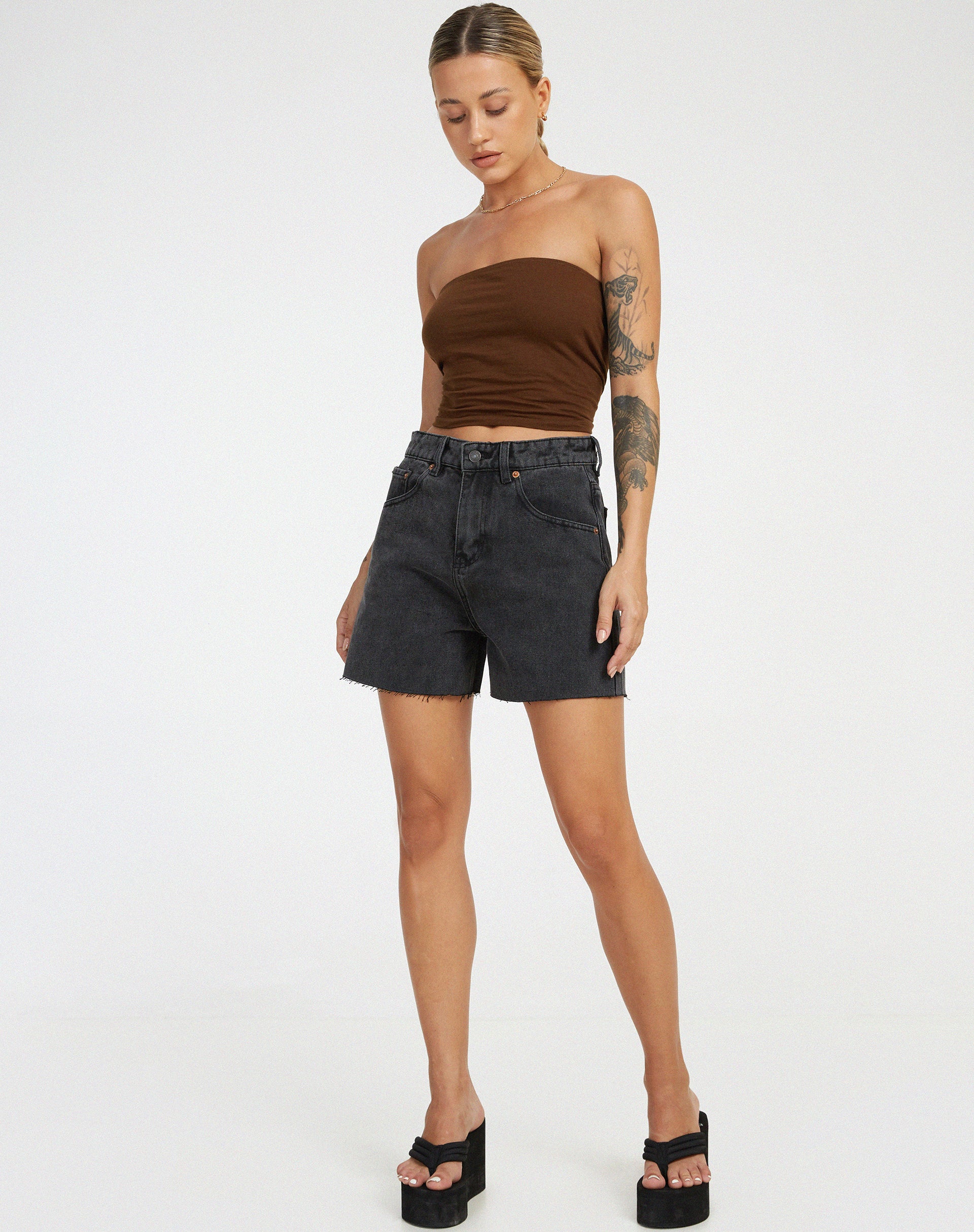 Mid Length Denim Shorts in Black Wash - Image 3