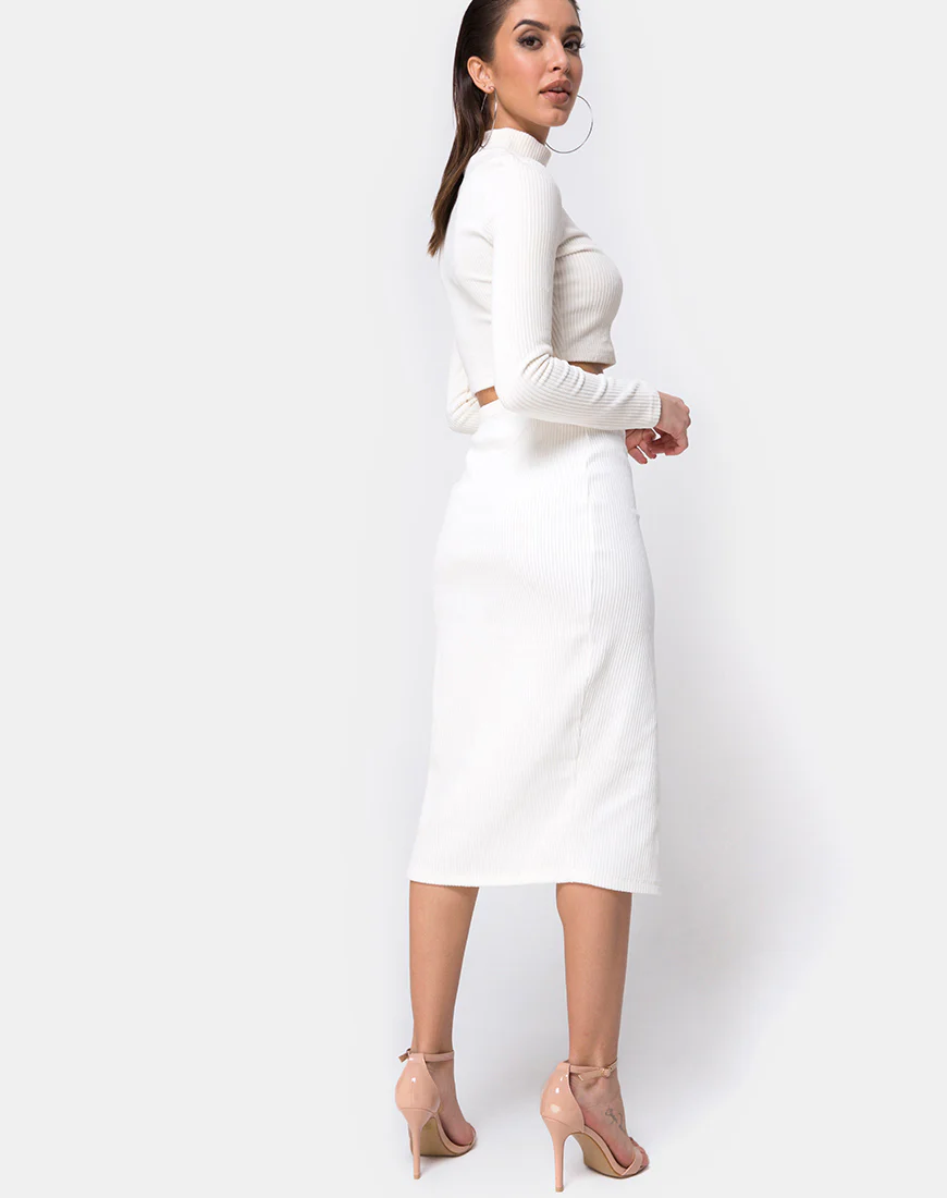 Midi Cheri Split Skirt in Velvet Rib White - Image 2