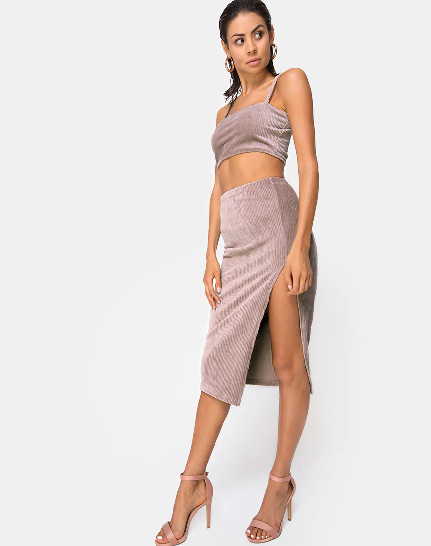Midi Cheri Split Skirt in Rib Taupe - Image 4