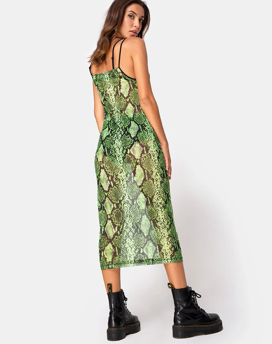 Midnight Midi Dress in Slime Lime Snake Mesh - Image 3