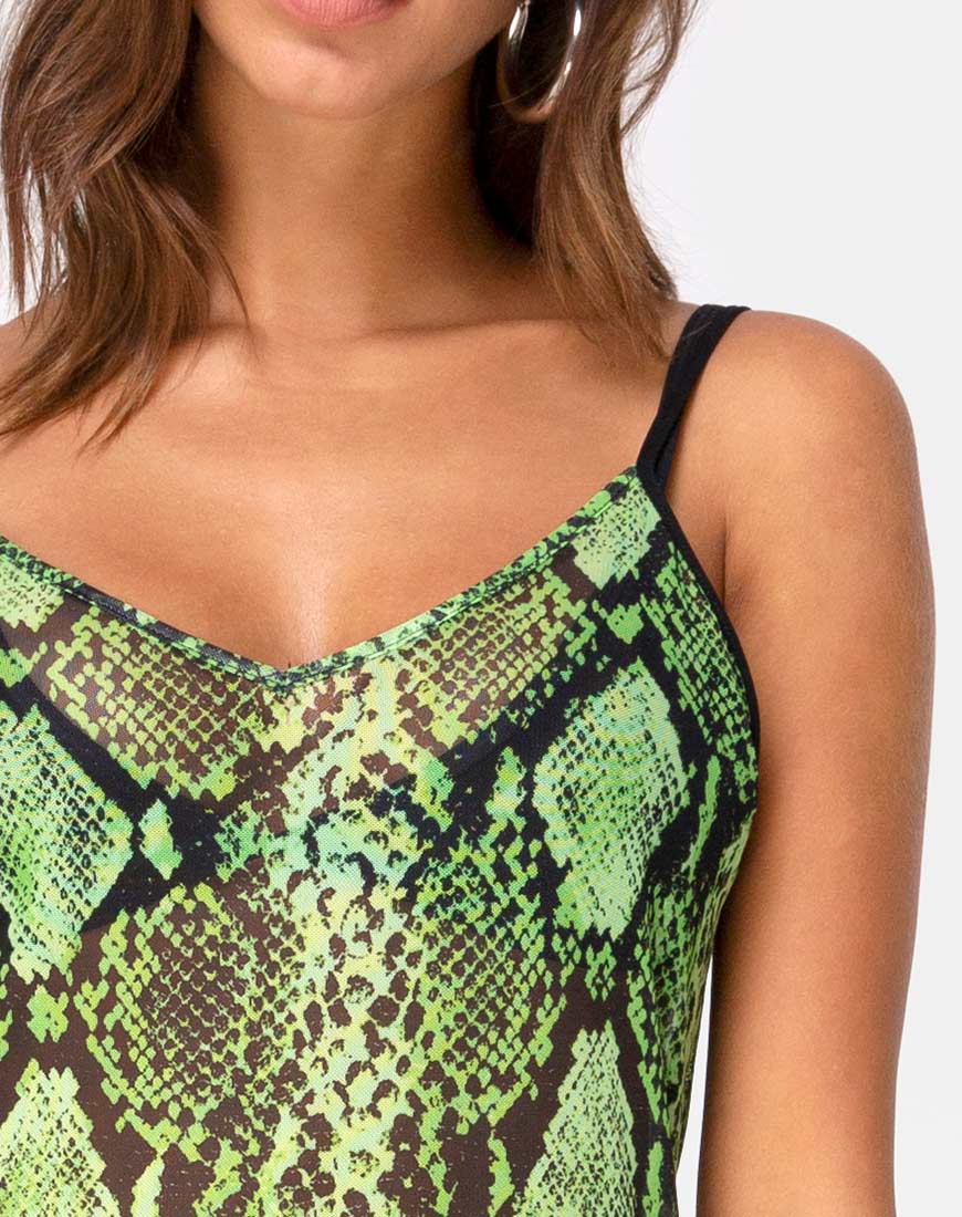 Midnight Midi Dress in Slime Lime Snake Mesh - Image 5