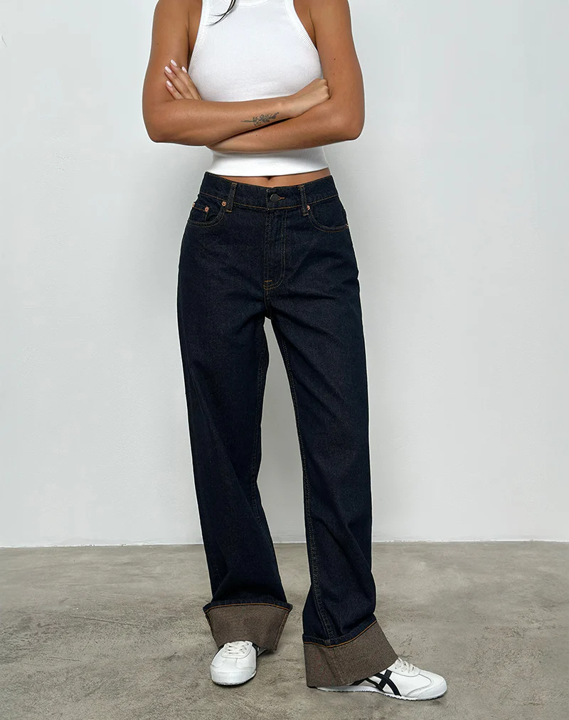 Mid Rise Turn Up Straight Jeans in Indigo - Image 4