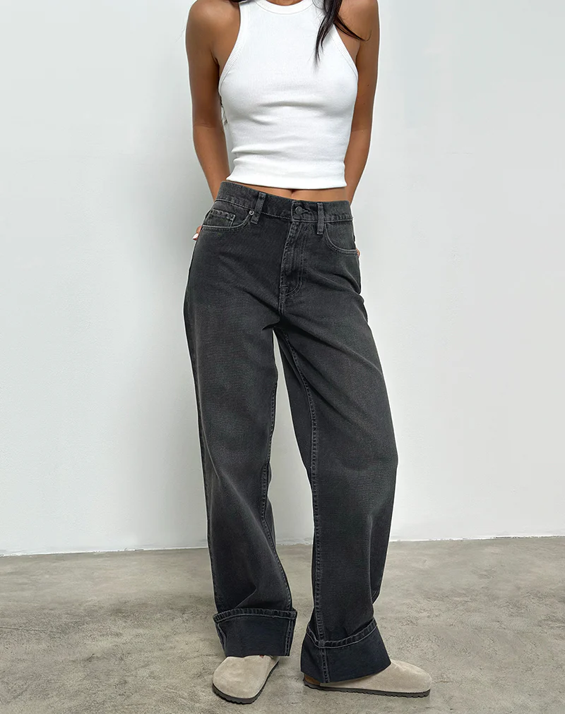 Mid Rise Turn Up Straight Jeans in Washed Black Grey - Image 4