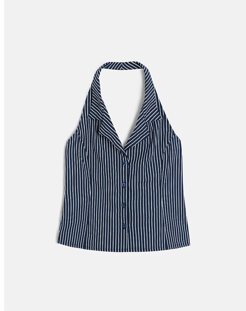 Mikanu Halterneck Blouse in Pinstripe Navy - Image 2