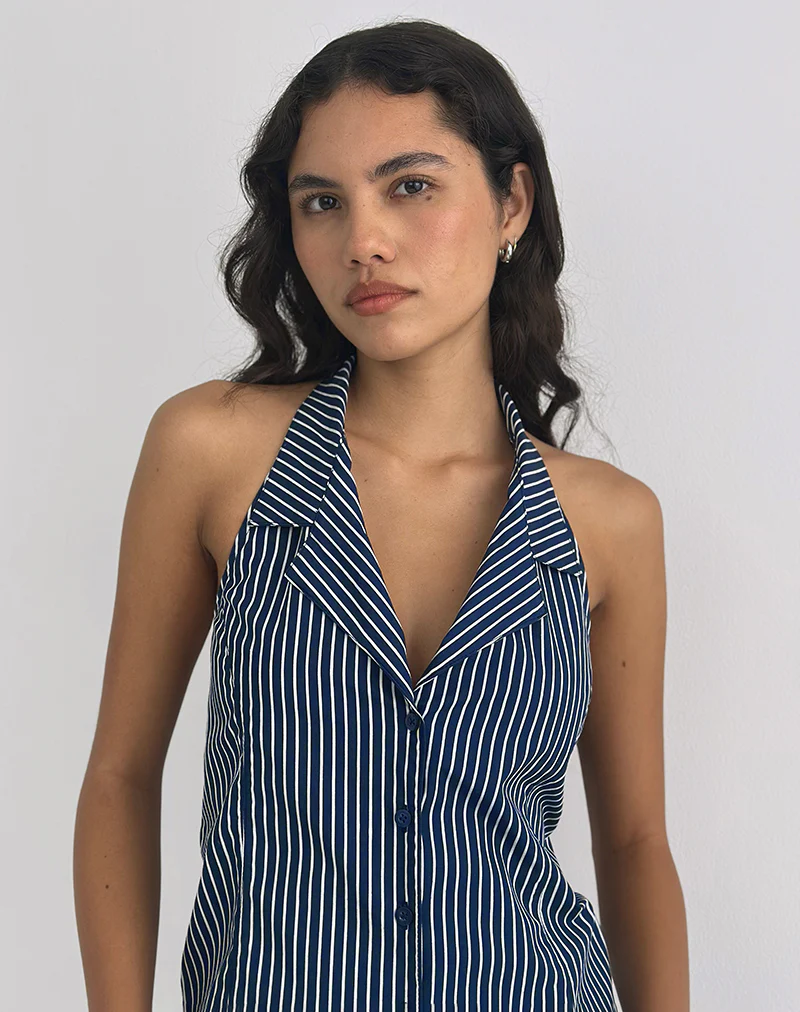 Mikanu Halterneck Blouse in Pinstripe Navy - Image 4