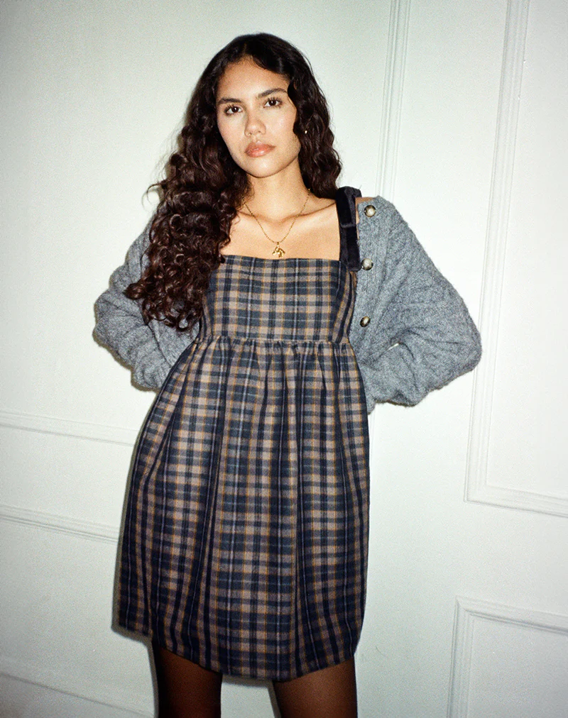 Mikayla Square Neck Mini Dress in Navy and Mustard Check - Image 5