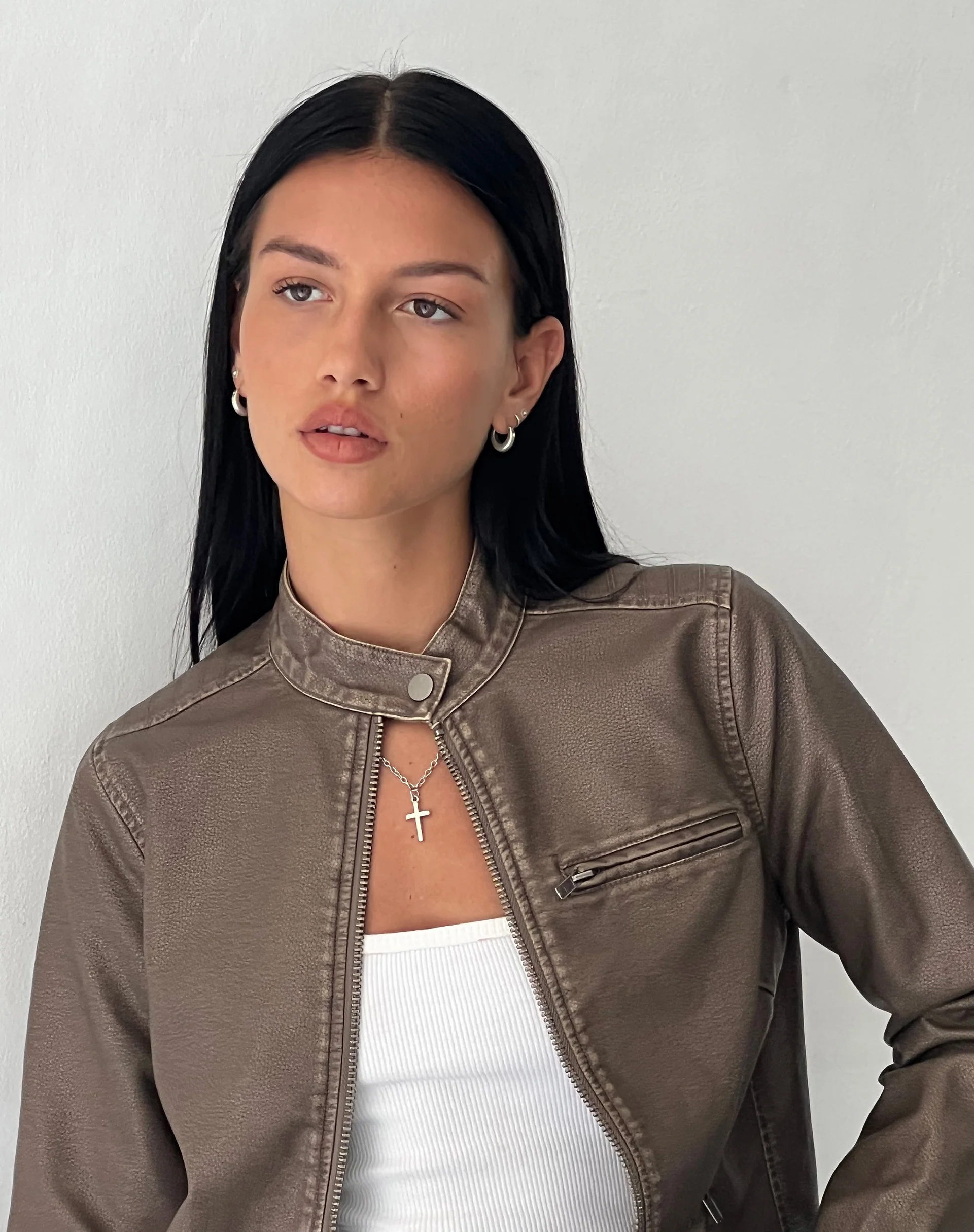 Mildred Distressed Biker Jacket in PU Olive - Image 5