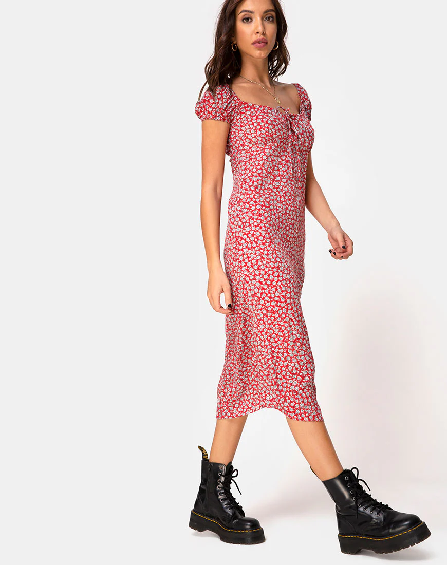 Milla Dress in Ditsy Rose Red Silver - Image 3