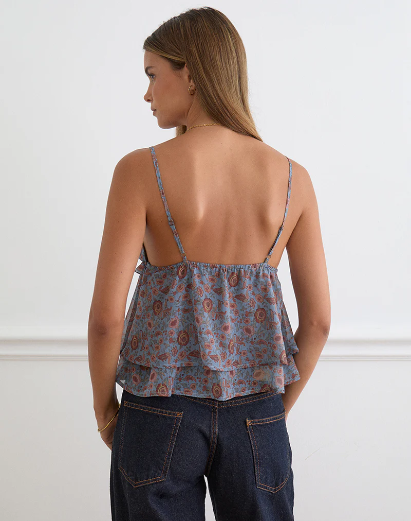 Millar Frill Top in Shadow Blossom Blue Chiffon - Image 4