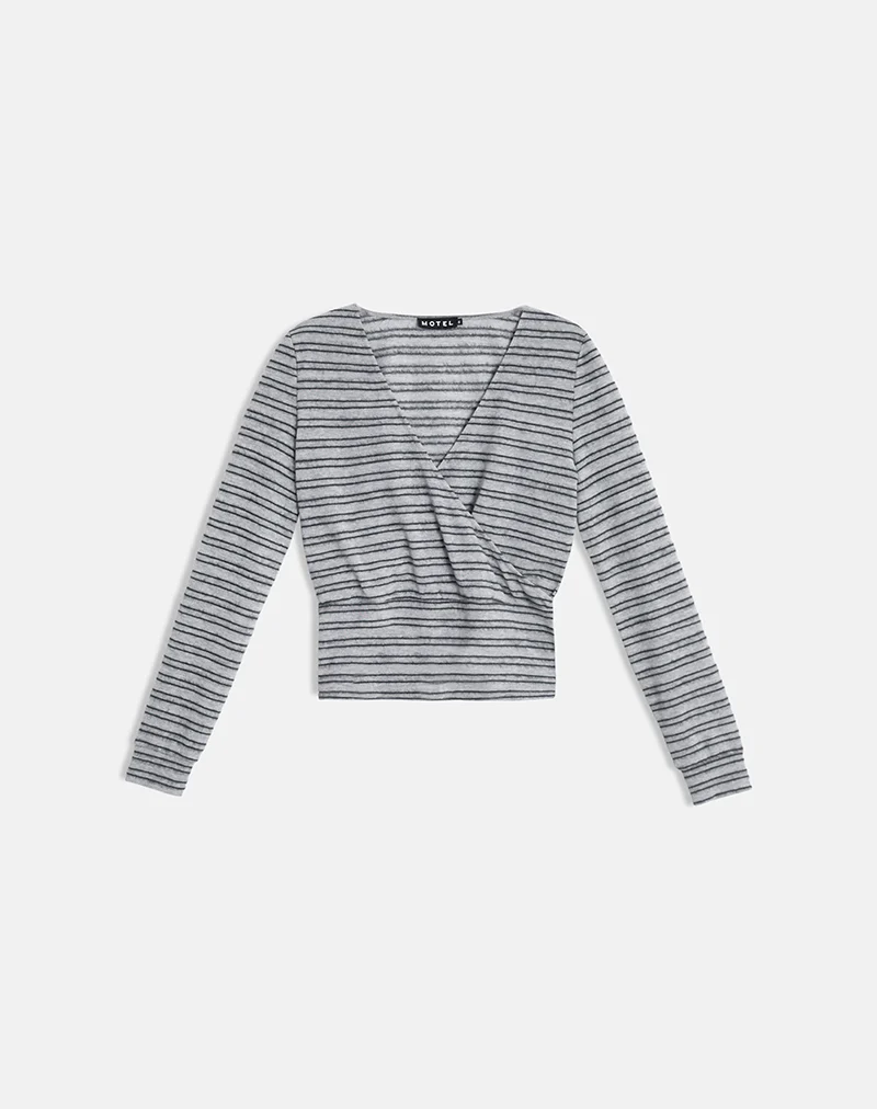 Milzie Wrap Top in Horizontal Stripe Knit Grey and Black - Image 6