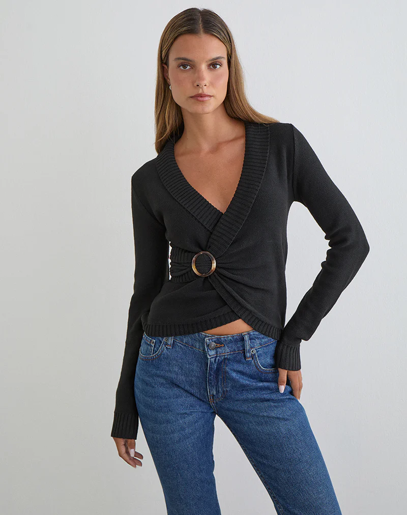 Minara Top with Resin Buckle in Knit Black - Image 2