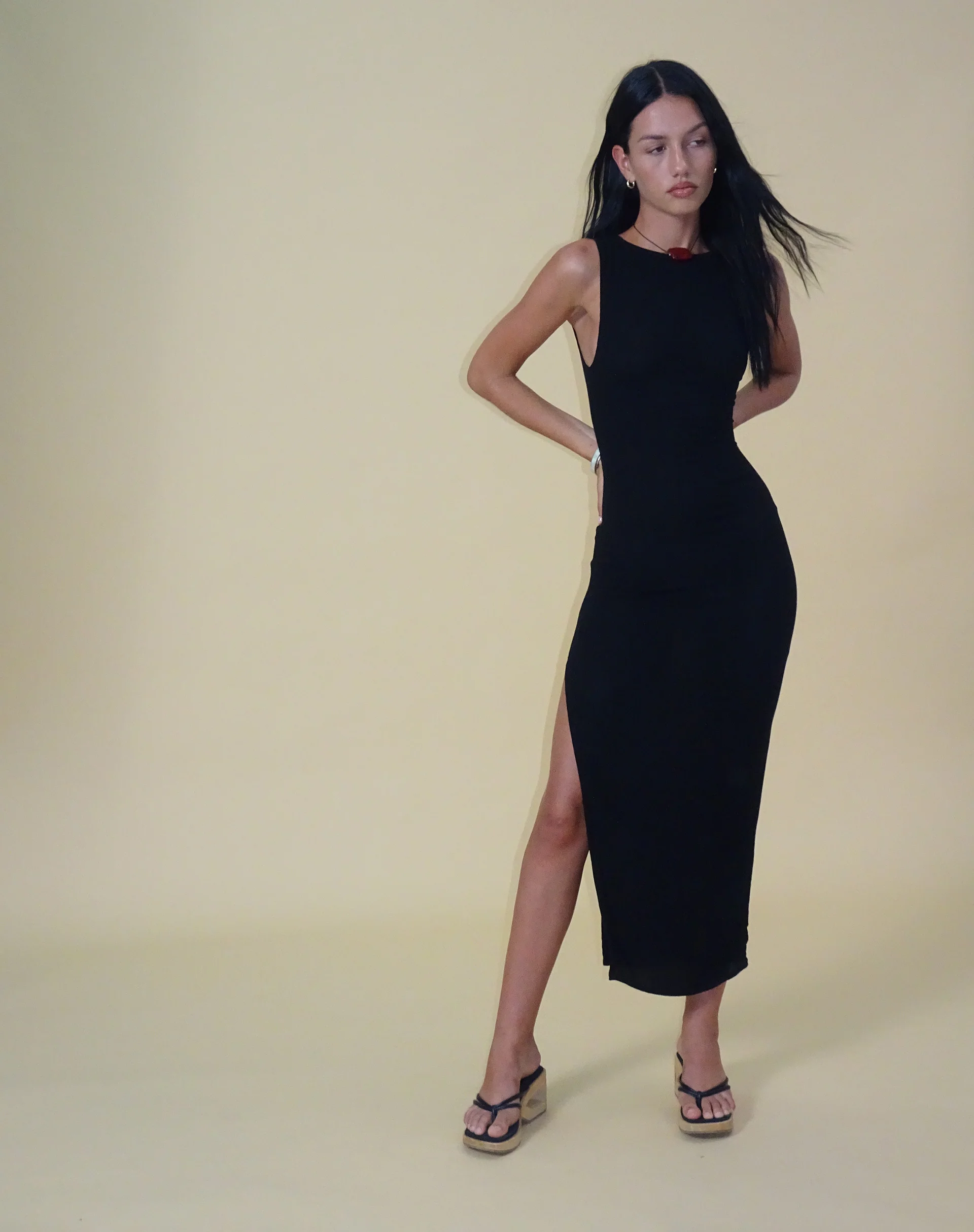 Minyo Racer Neck Maxi Dress in Crinkle Black - Image 3