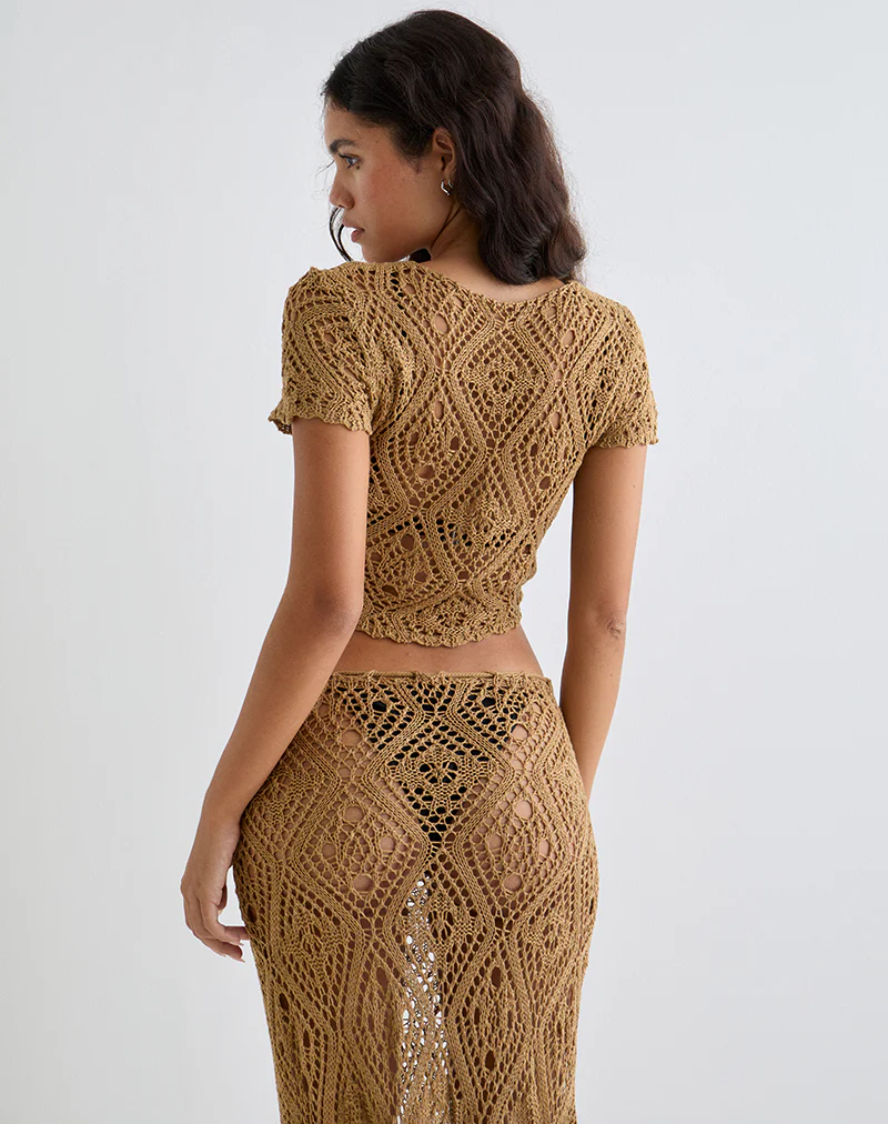 Mirea Grown On Sleeve Shrug Top in Crochet Camel - Image 5