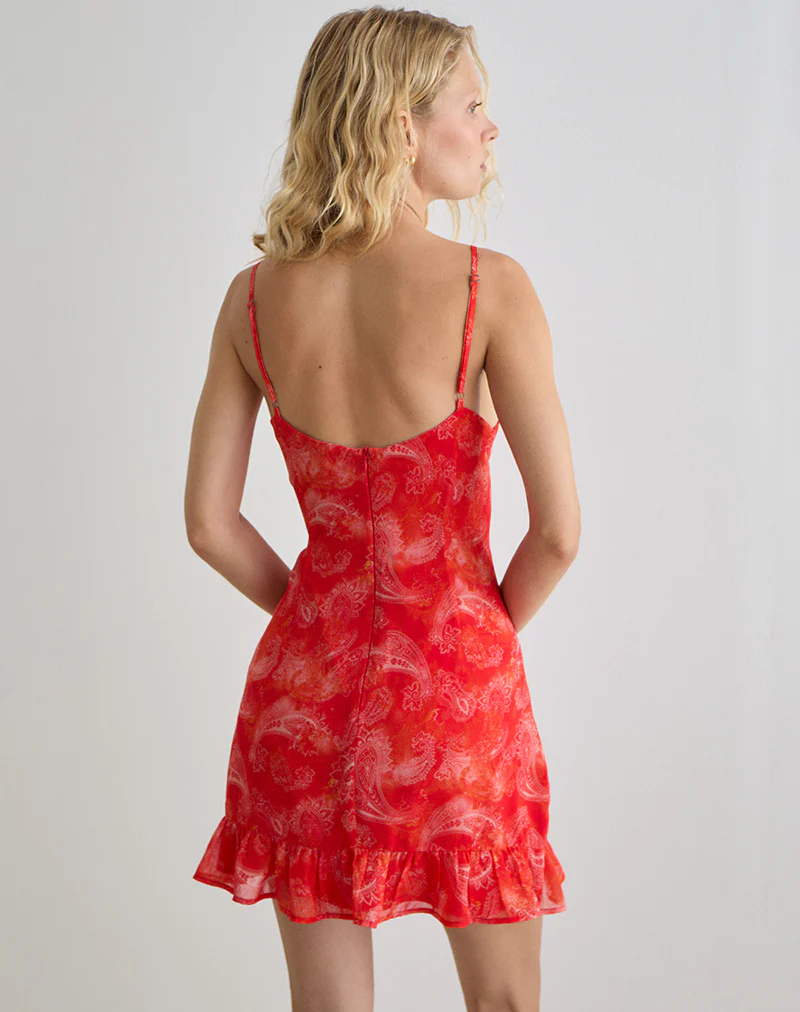 Mireya Mini Dress in Paisley Chiffon Red - Image 4