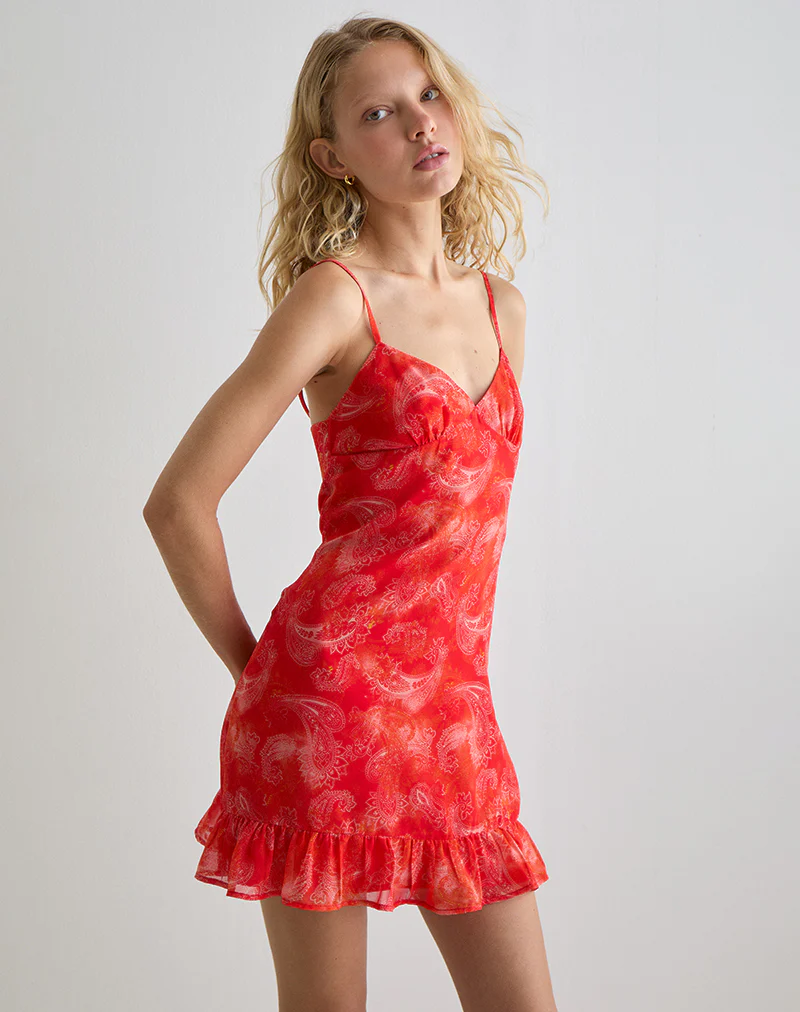 Mireya Mini Dress in Paisley Chiffon Red - Image 5